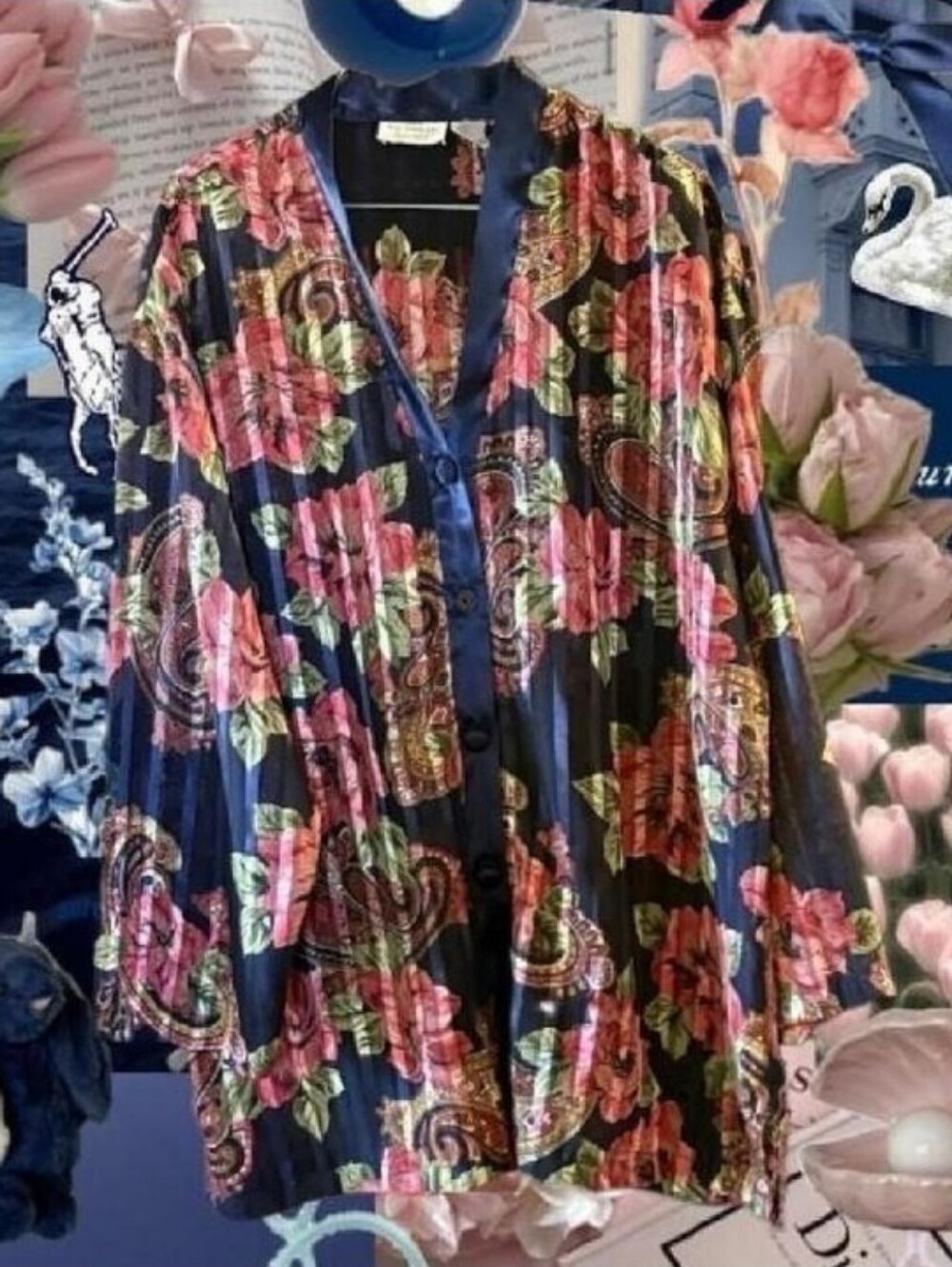 Vintage Victoria's Secret Women's Pleated Satin Button Down Floral Sleep Shirt